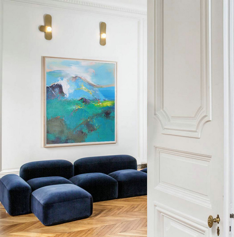 Large Abstract Art Handmade Oil Painting,Palette Knife Abstract Landscape Canvas Painting,Huge Wall Decor,Green.Blue,White,Yellow.etc